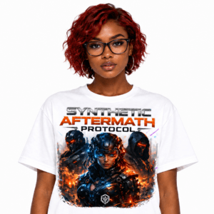 Young woman with red curly hair and black glasses wearing a white T‑shirt featuring the 'Synthetic Aftermath Protocol' graphic with armored characters.