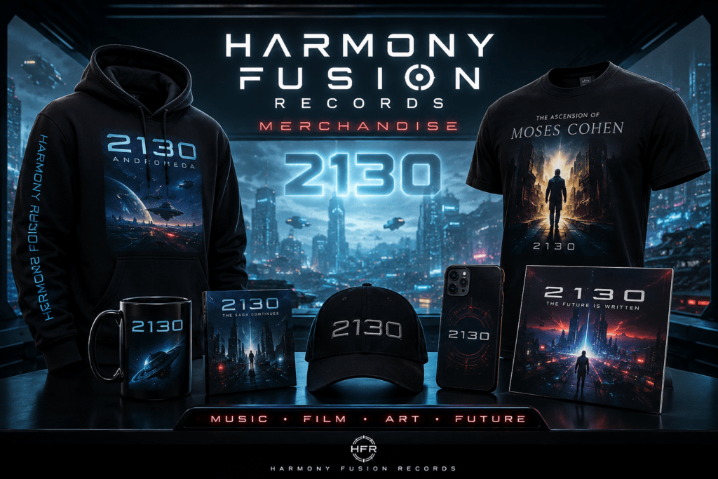 Promotional merchandise display for Harmony Fusion Records' 2130 collection: hoodie, T-shirt, mug, cap, notebook, phone case, and album art against a neon city backdrop.