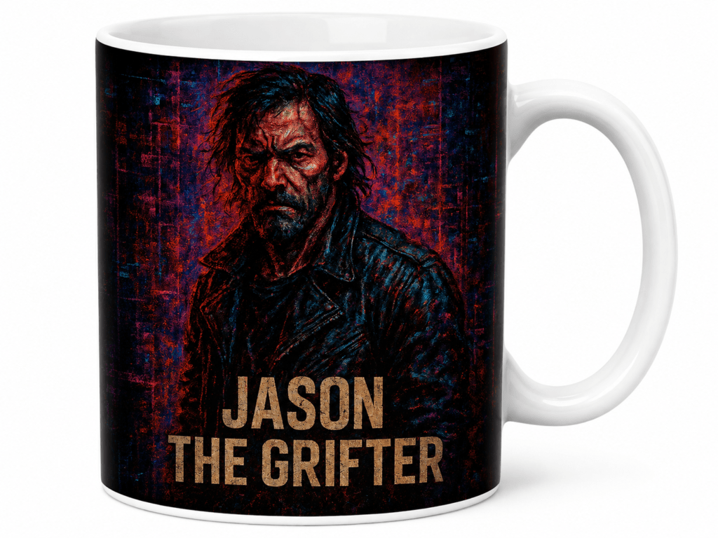 Mug with a dark, textured portrait of a rugged man and the bold caption 'JASON THE GRIFTER'.