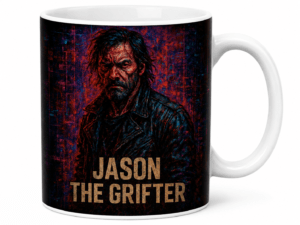 Mug with a dark, textured portrait of a rugged man and the bold caption 'JASON THE GRIFTER'.