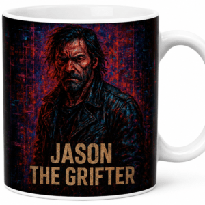 Mug with a dark, textured portrait of a rugged man and the bold caption 'JASON THE GRIFTER'.