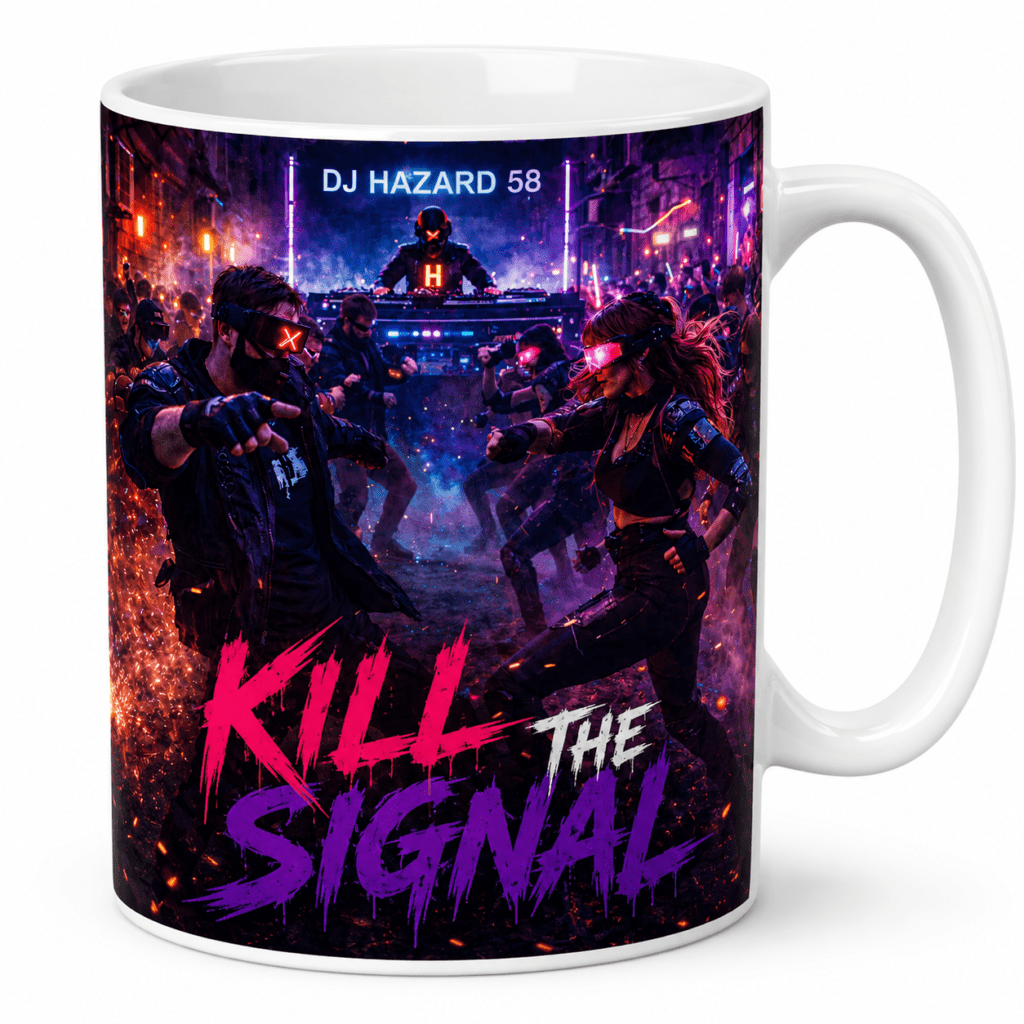 Mug with neon cyberpunk scene: two fighters in a crowded neon city, bold 'KILL THE SIGNAL' text at the bottom.