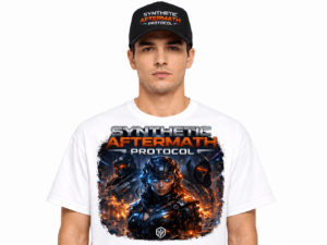 Male model wearing a white graphic T‑shirt that reads 'Synthetic Aftermath Protocol' with a sci‑fi battle image and futuristic soldiers above the chest.