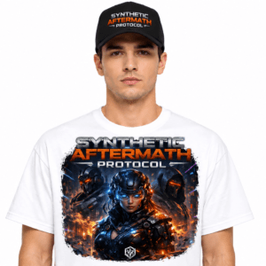 Male model wearing a white graphic T‑shirt that reads 'Synthetic Aftermath Protocol' with a sci‑fi battle image and futuristic soldiers above the chest.