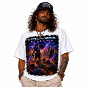 Male model wearing a white graphic T‑shirt featuring 'Static Horizon Collapse' artwork; cap and layered necklaces for a fashion shot.