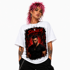 Person with bright pink spiky hair wearing a white graphic T-shirt featuring a red and black ‘The Sinner 2130’ image and a man in black.