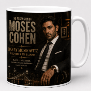 Mug with a noir book-cover design showing a man in a suit and the title 'The Ascension of Moses Cohen'.