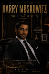 Promotional poster for Barry Moskowitz: The Loyal Brother, showing a man in a suit in a dark office with gold title text and a city skyline.