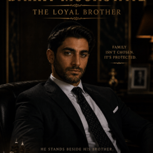 Promotional poster for Barry Moskowitz: The Loyal Brother, showing a man in a suit in a dark office with gold title text and a city skyline.