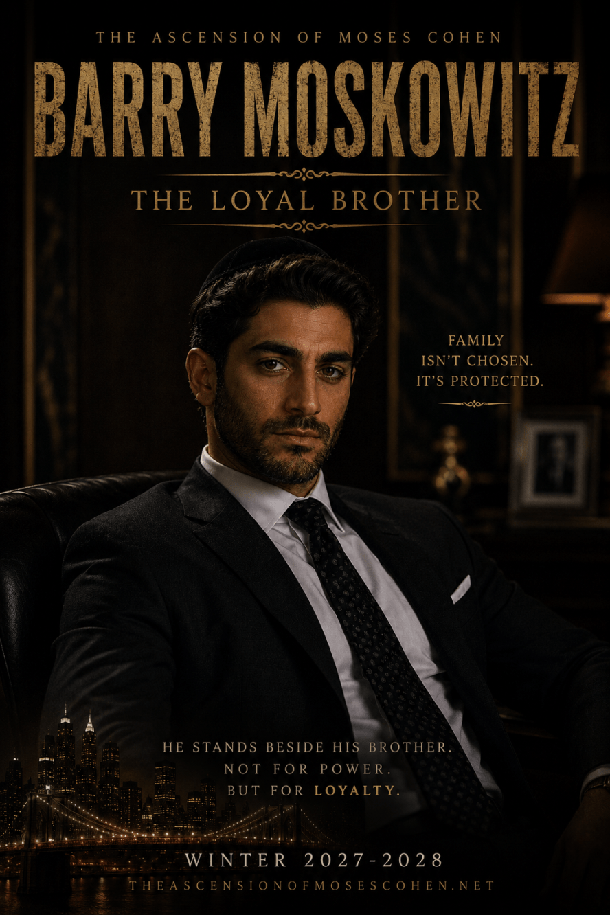 Promotional poster for Barry Moskowitz: The Loyal Brother, showing a man in a suit in a dark office with gold title text and a city skyline.