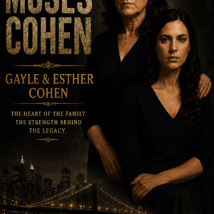 Promotional poster for The Ascension of Moses Cohen, featuring two women in black against a dark background with a lit city skyline and bridge, and the title text.
