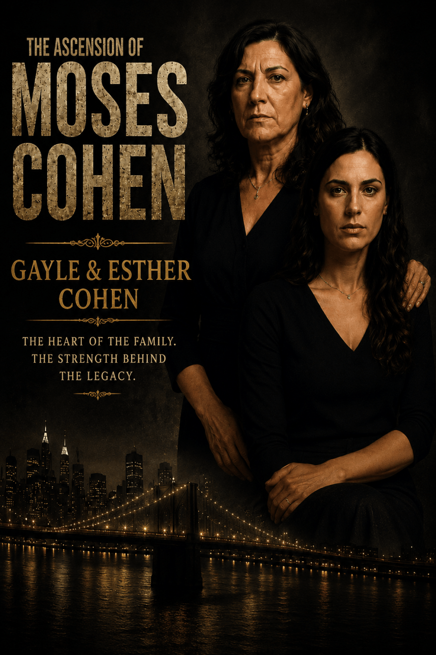 Promotional poster for The Ascension of Moses Cohen, featuring two women in black against a dark background with a lit city skyline and bridge, and the title text.