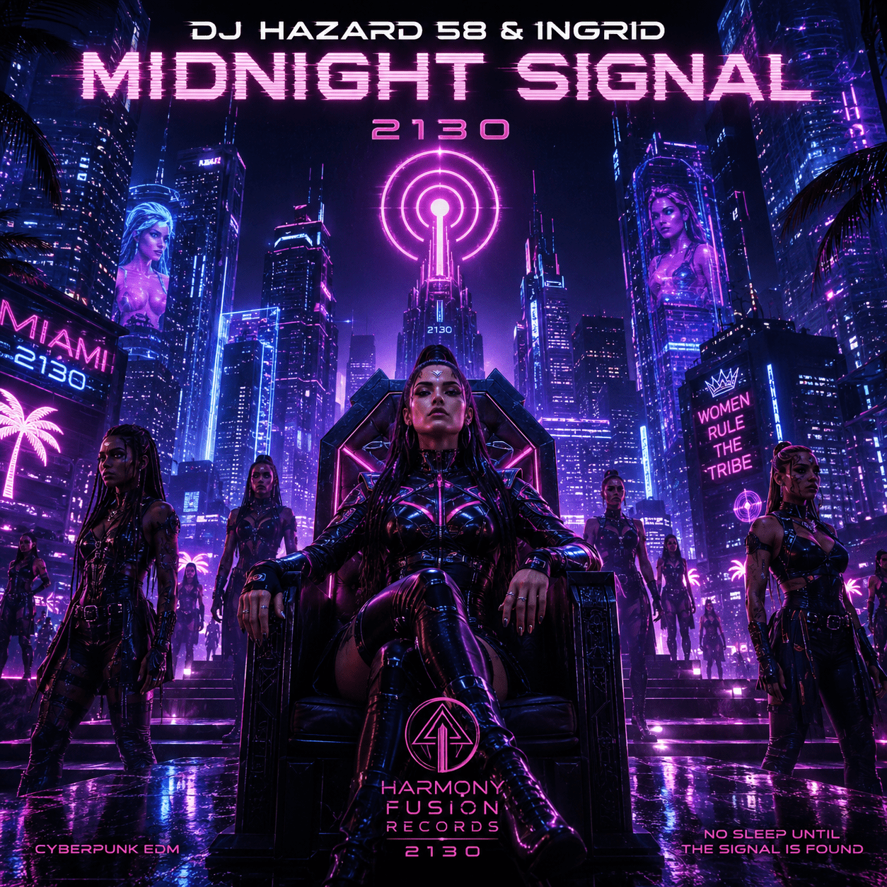 Cyberpunk nightclub poster with neon purple cityscape, a central woman in black glossy armor seated on a throne, surrounded by dancers; titles read 'Midnight Signal', '2130', and 'Harmony Fusion Records'