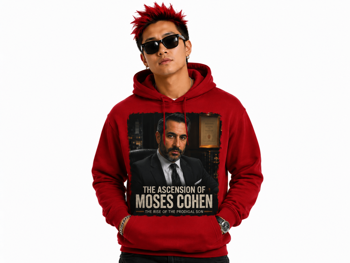Person wearing a red hoodie with a front-print poster titled 'The Ascension of Moses Cohen: The Rise of the Prodigal Son'