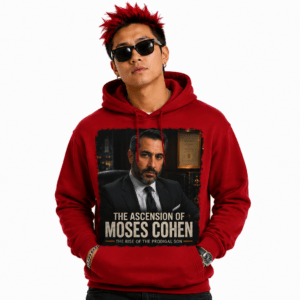 Person wearing a red hoodie with a front-print poster titled 'The Ascension of Moses Cohen: The Rise of the Prodigal Son'