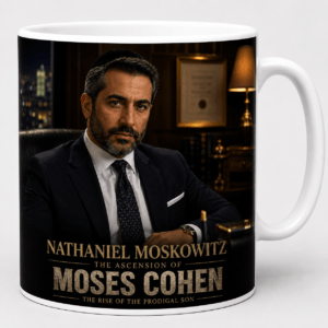 Mug featuring a portrait of a stern man in a black suit with gold text: Nathaniel Moskowitz, The Ascension of Moses Cohen, The Rise of the Prodigal Son.