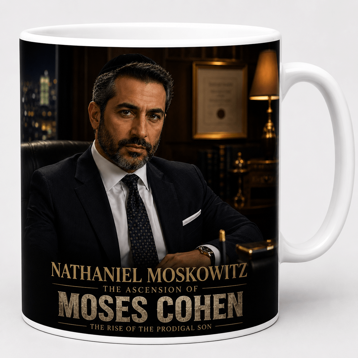 Mug featuring a portrait of a stern man in a black suit with gold text: Nathaniel Moskowitz, The Ascension of Moses Cohen, The Rise of the Prodigal Son.