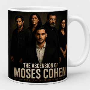 Mug showing a promotional poster with five adults in dark clothing against a dark background and the title 'The Ascension of Moses Cohen'.