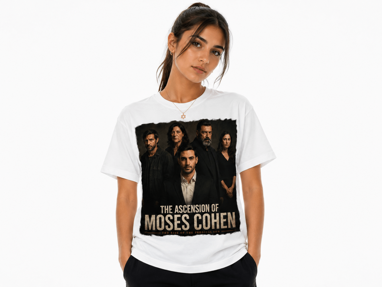 White T-shirt displaying a poster for The Ascension of Moses Cohen featuring five actors in dark clothing against a black background