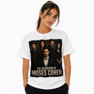 White T-shirt displaying a poster for The Ascension of Moses Cohen featuring five actors in dark clothing against a black background