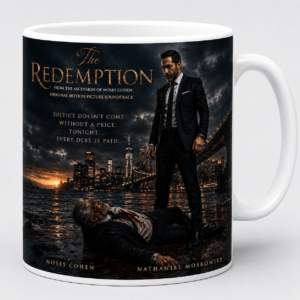 Mug displaying a dark promotional poster: a man in a suit stands over a fallen man by a waterfront with a city skyline at night, title 'The Redemption'.