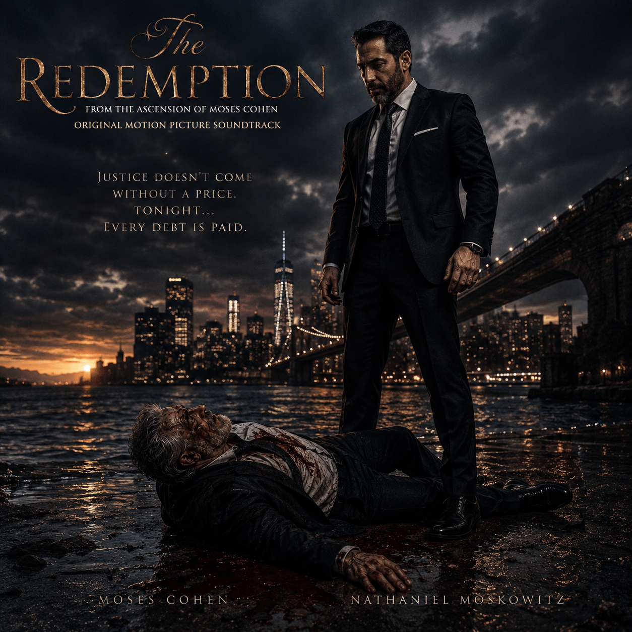 Movie poster for The Redemption: a man in a suit stands over a bloodied, fallen man by the waterfront with a city skyline and bridge in the background; title and credits visible.