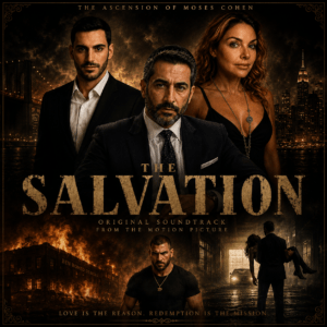 Movie poster for The Salvation: three adults in formal wear posed against a burning city backdrop at night, with the title across the middle.