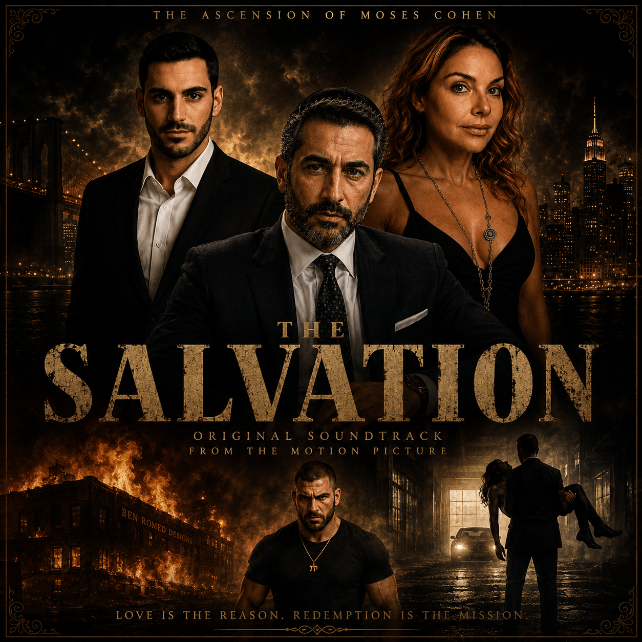 Movie poster for The Salvation: three adults in formal wear posed against a burning city backdrop at night, with the title across the middle.