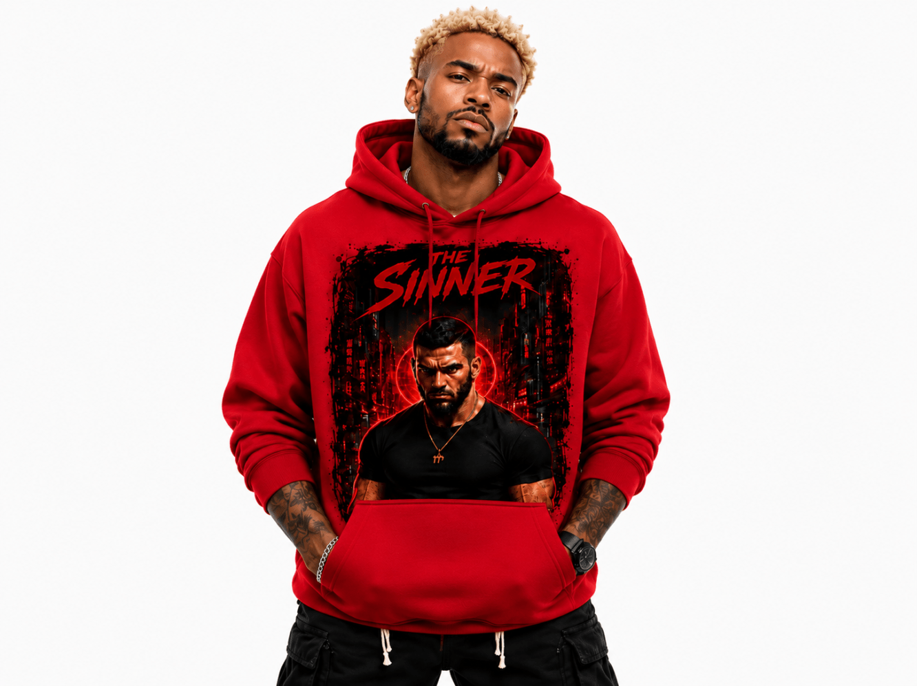 Man wearing a red hoodie with a bold graphic of a muscular man and the text 'The Sinner' on the chest.