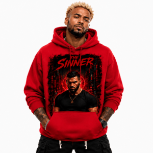 Man wearing a red hoodie with a bold graphic of a muscular man and the text 'The Sinner' on the chest.