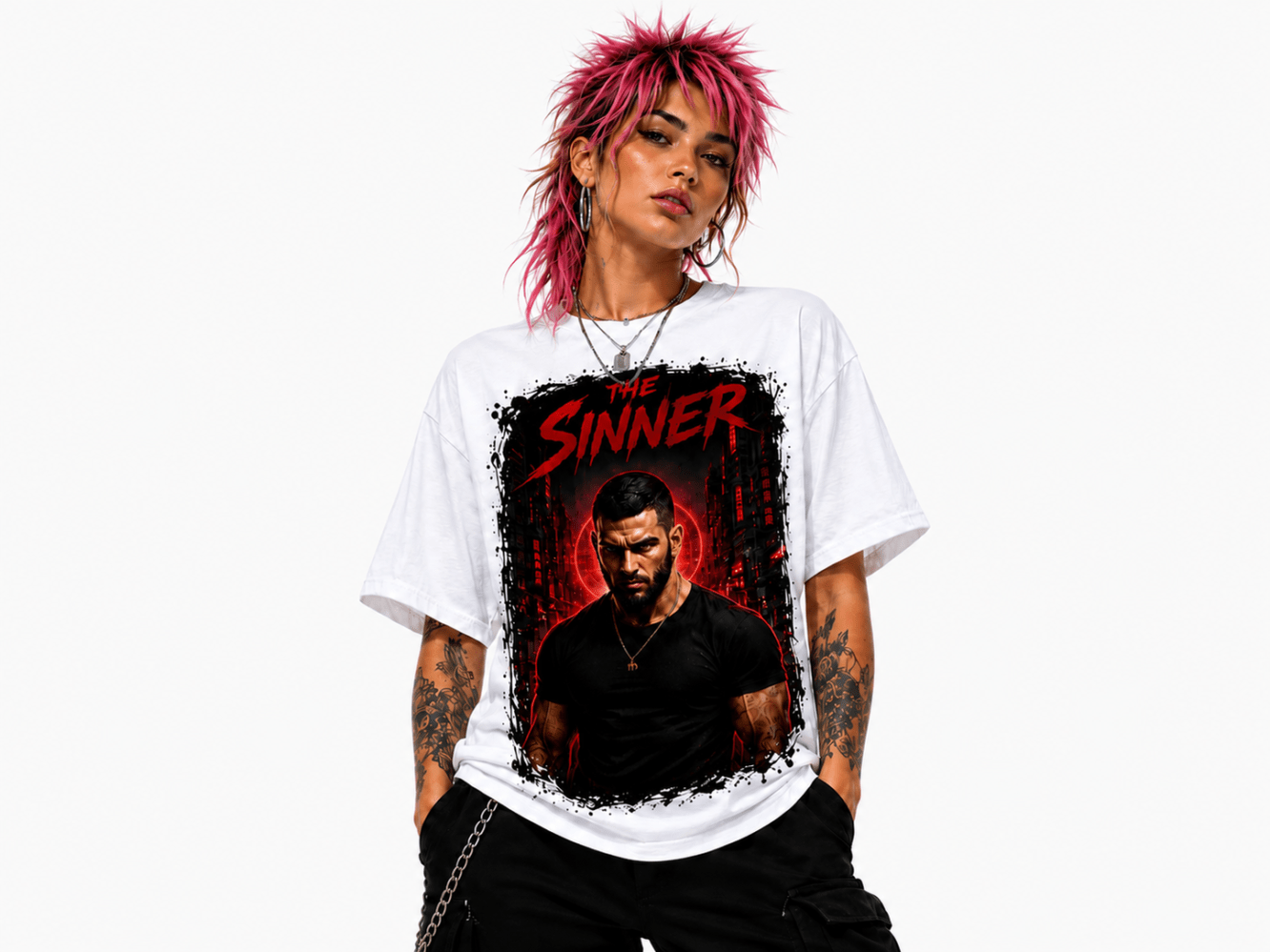 Model with pink spiky hair wearing a white T-shirt that features a bold red and black 'The Sinner' graphic of a man in a black shirt with a red glow behind him.