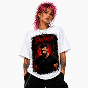 Model with pink spiky hair wearing a white T-shirt that features a bold red and black 'The Sinner' graphic of a man in a black shirt with a red glow behind him.