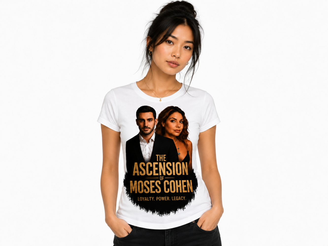 Model wearing a white T-shirt with a black-and-gold graphic showing a man and woman and the title 'The Ascension of Moses Cohen' with the motto 'Loyalty. Power. Legacy.'