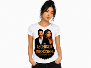 Model wearing a white T-shirt with a black-and-gold graphic showing a man and woman and the title 'The Ascension of Moses Cohen' with the motto 'Loyalty. Power. Legacy.'