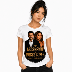 Model wearing a white T-shirt with a black-and-gold graphic showing a man and woman and the title 'The Ascension of Moses Cohen' with the motto 'Loyalty. Power. Legacy.'